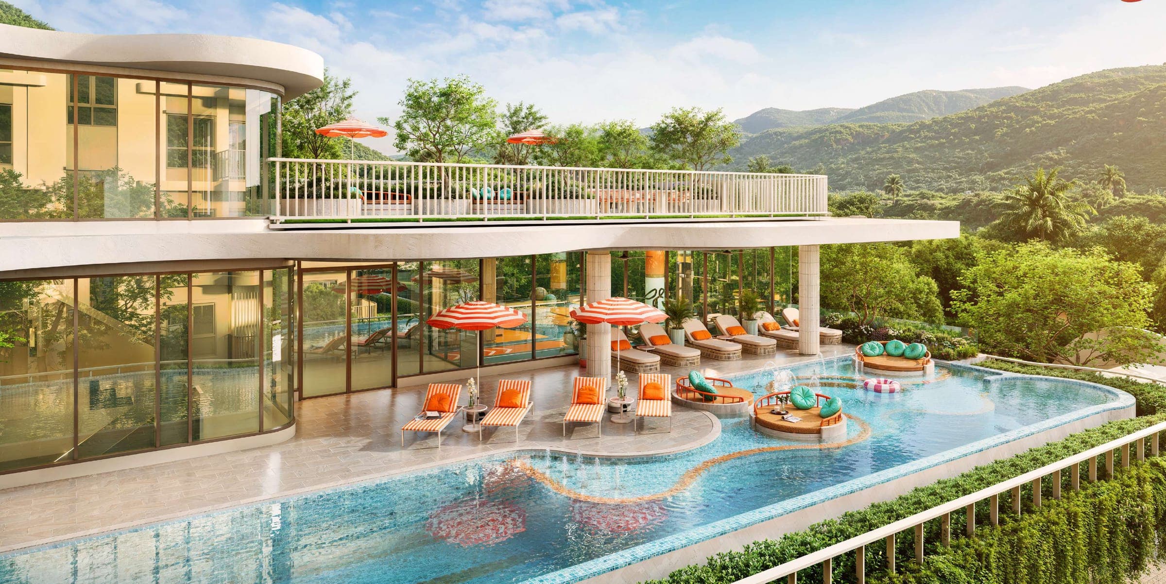 Fizz clubhouse terrace and lap pool overlooking the hills of Kata