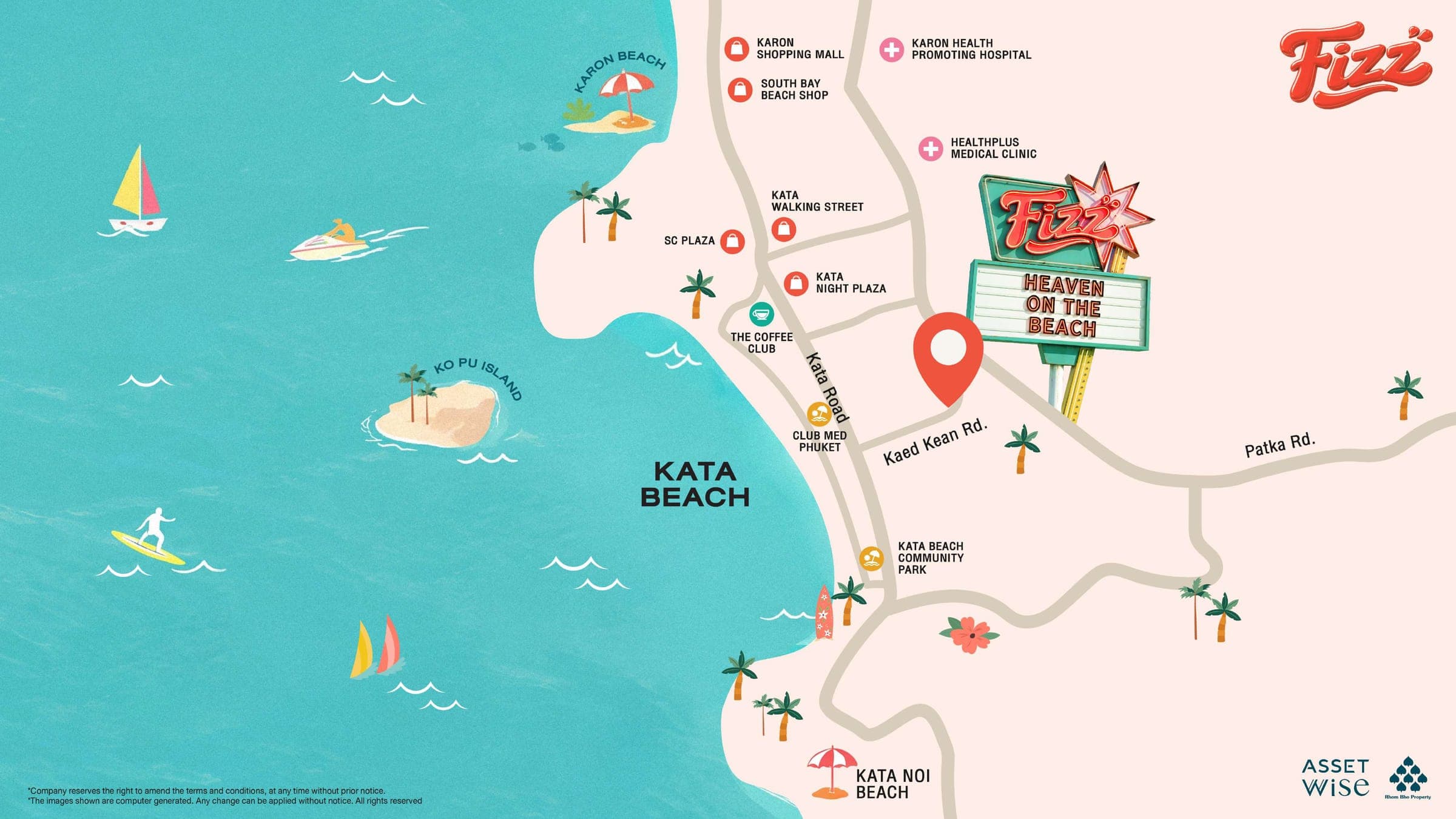 Fizz location map showing Kata Beach, Kata Road, Kaed Kean Road and nearby landmarks