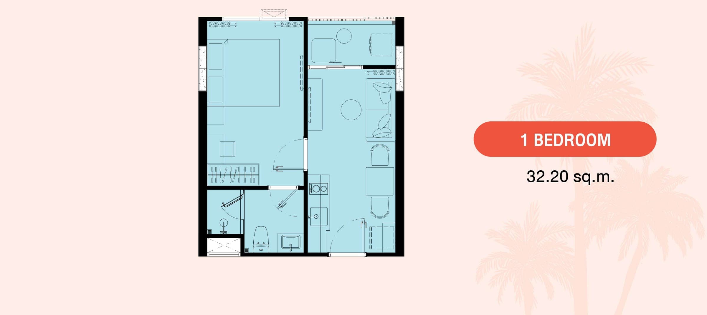 Fizz one-bedroom unit plan, 32.20 sqm