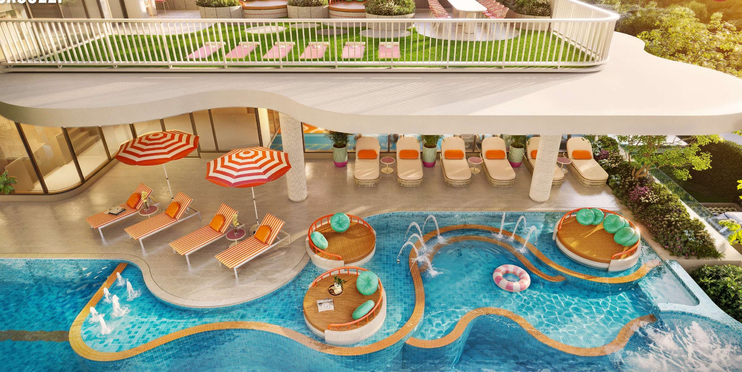 Aerial view of pool and sky bathing terrace