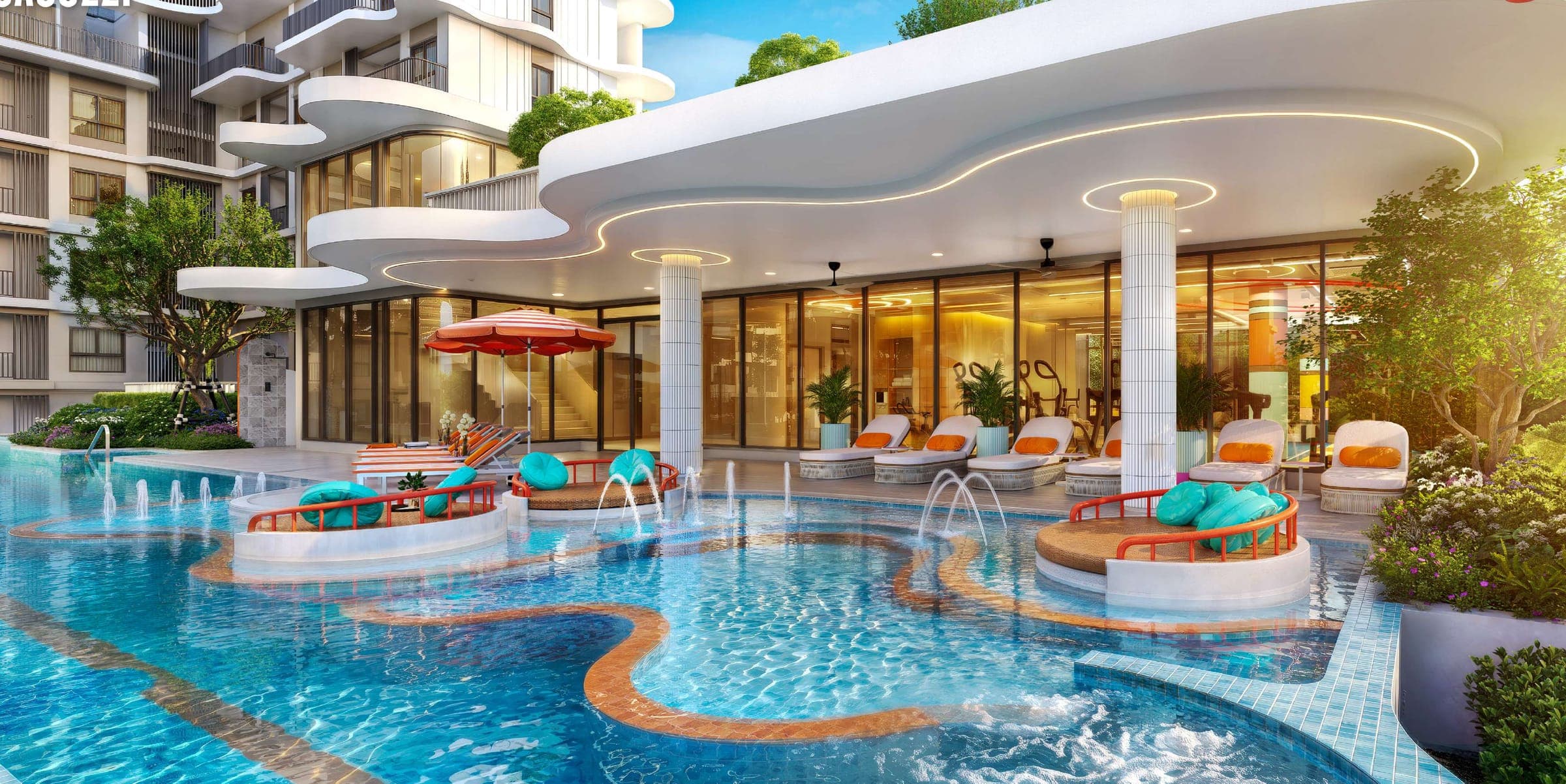 Pool and jacuzzi beneath the clubhouse canopy