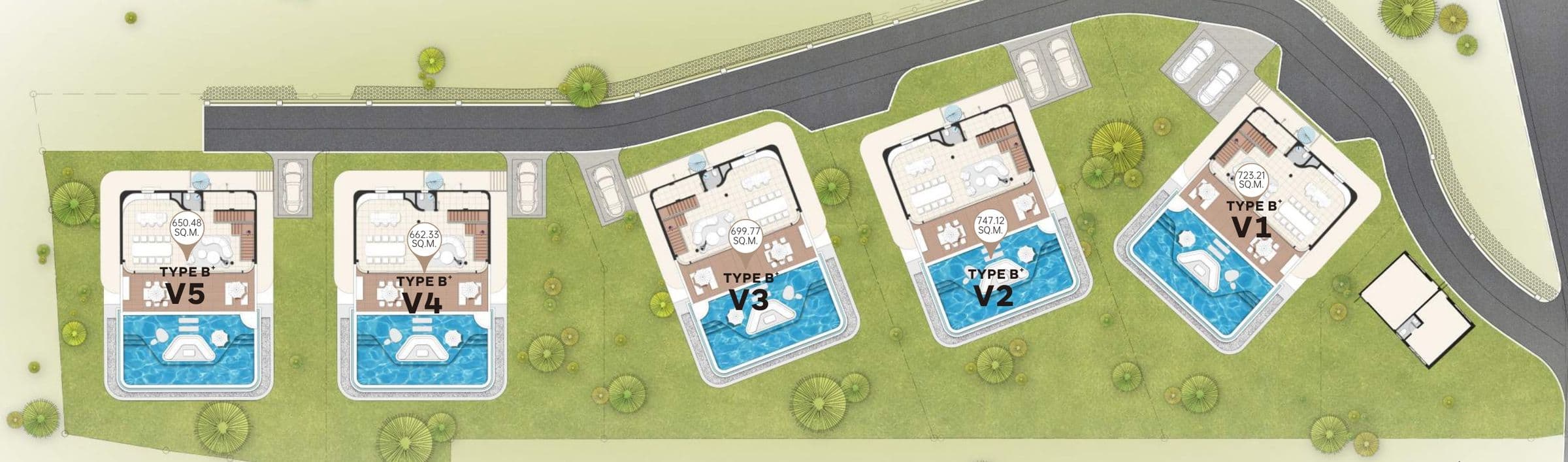 ISLA master plan with villas V1 to V5, all Type B+, and their plot areas