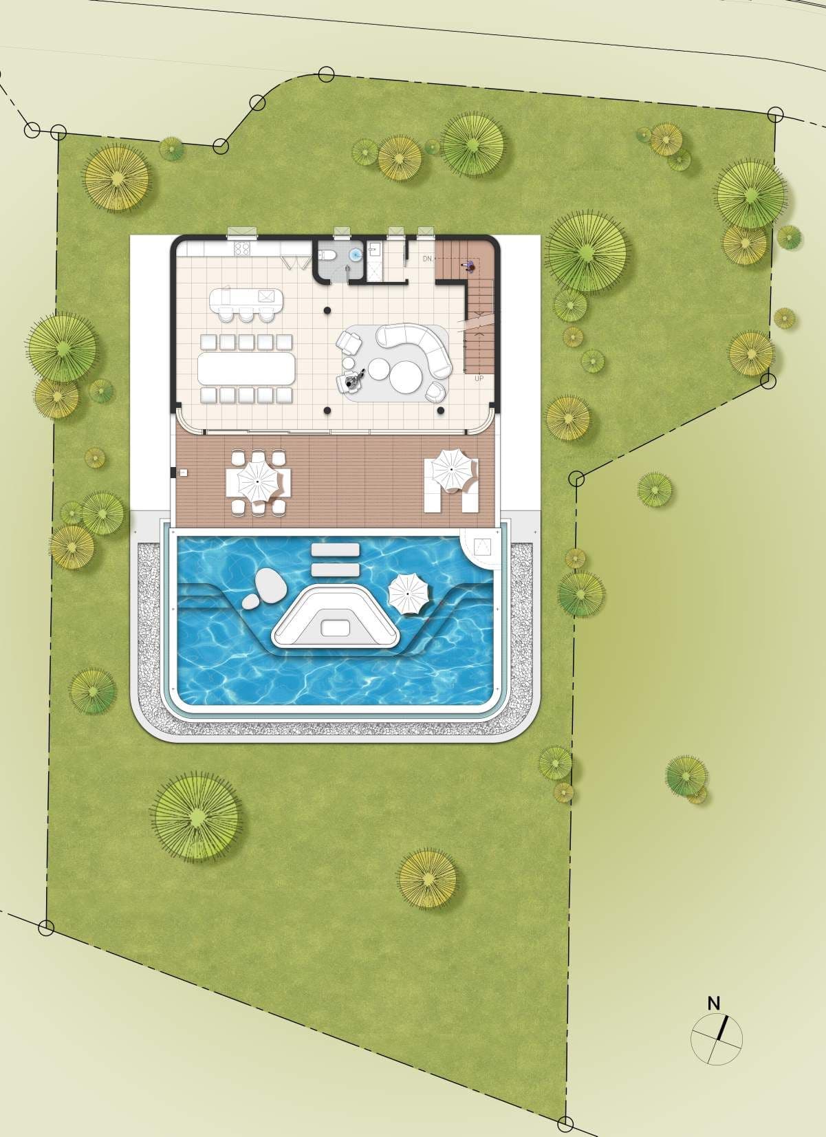 ISLA Villa Type B+ first-floor plan with living, dining and kitchen opening onto the terrace and infinity pool