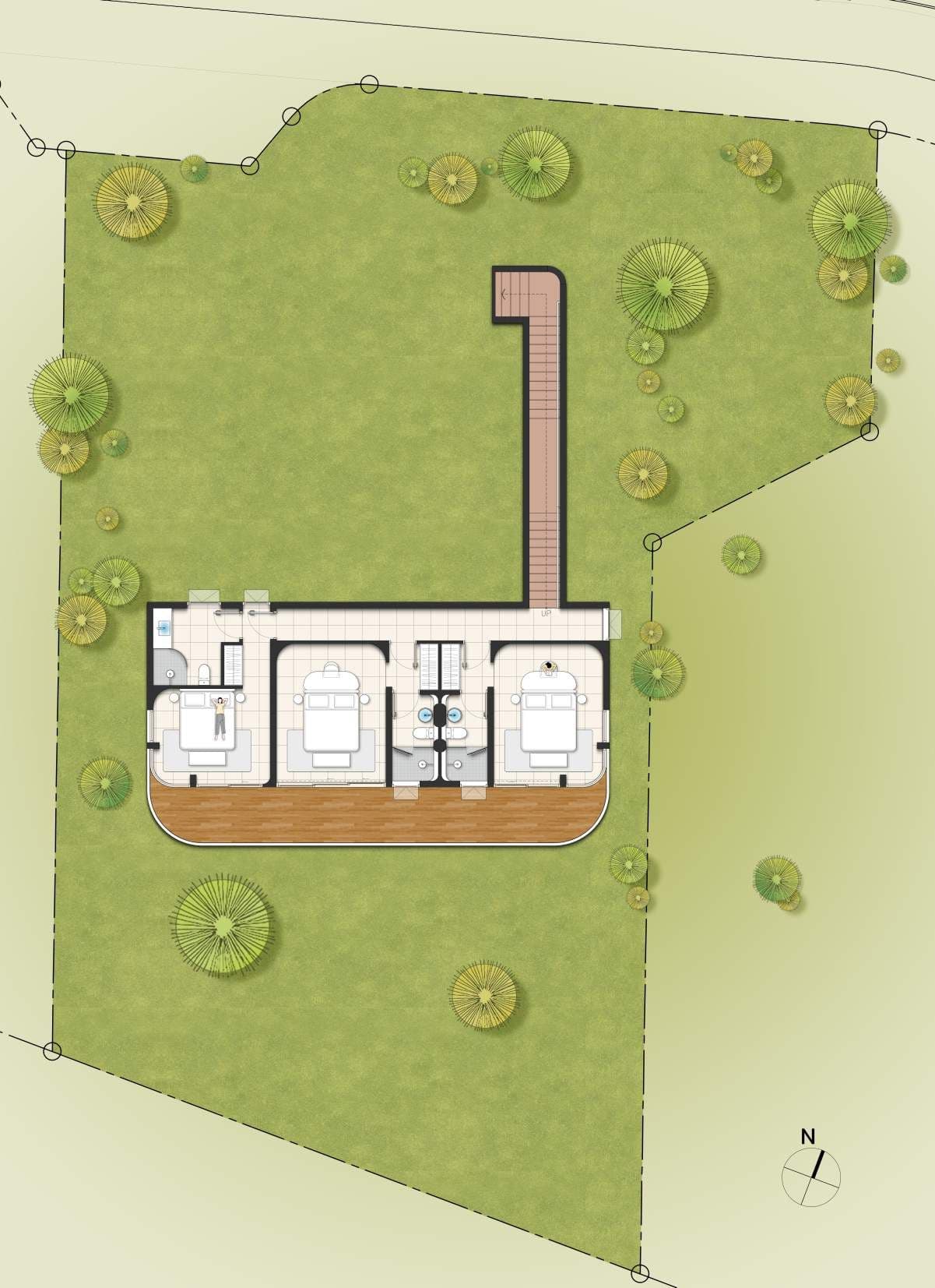 ISLA Villa Type B+ ground-floor plan with three bedrooms and bathrooms opening onto a balcony