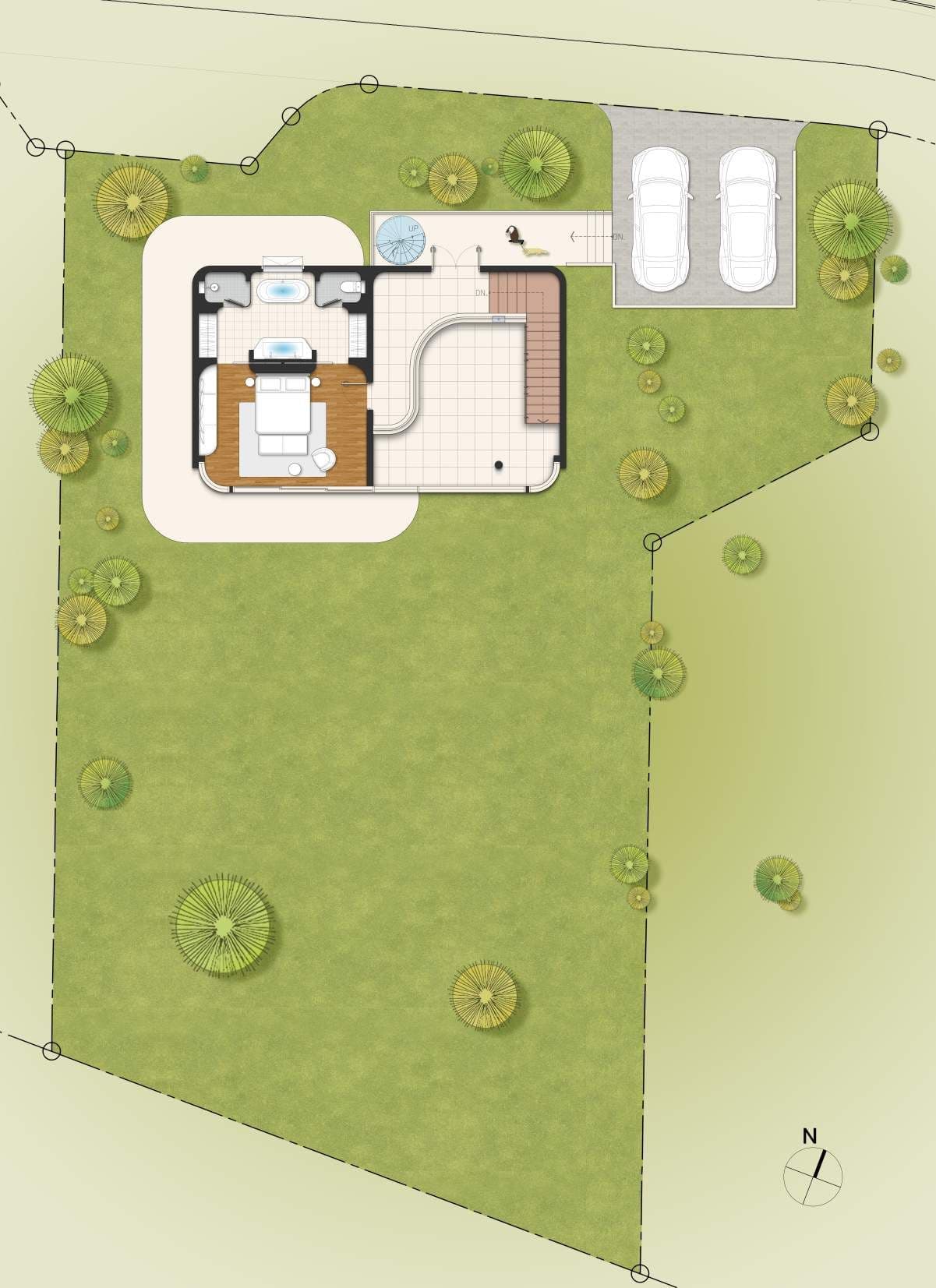 ISLA Villa Type B+ second-floor plan with entrance, two-car parking and master suite