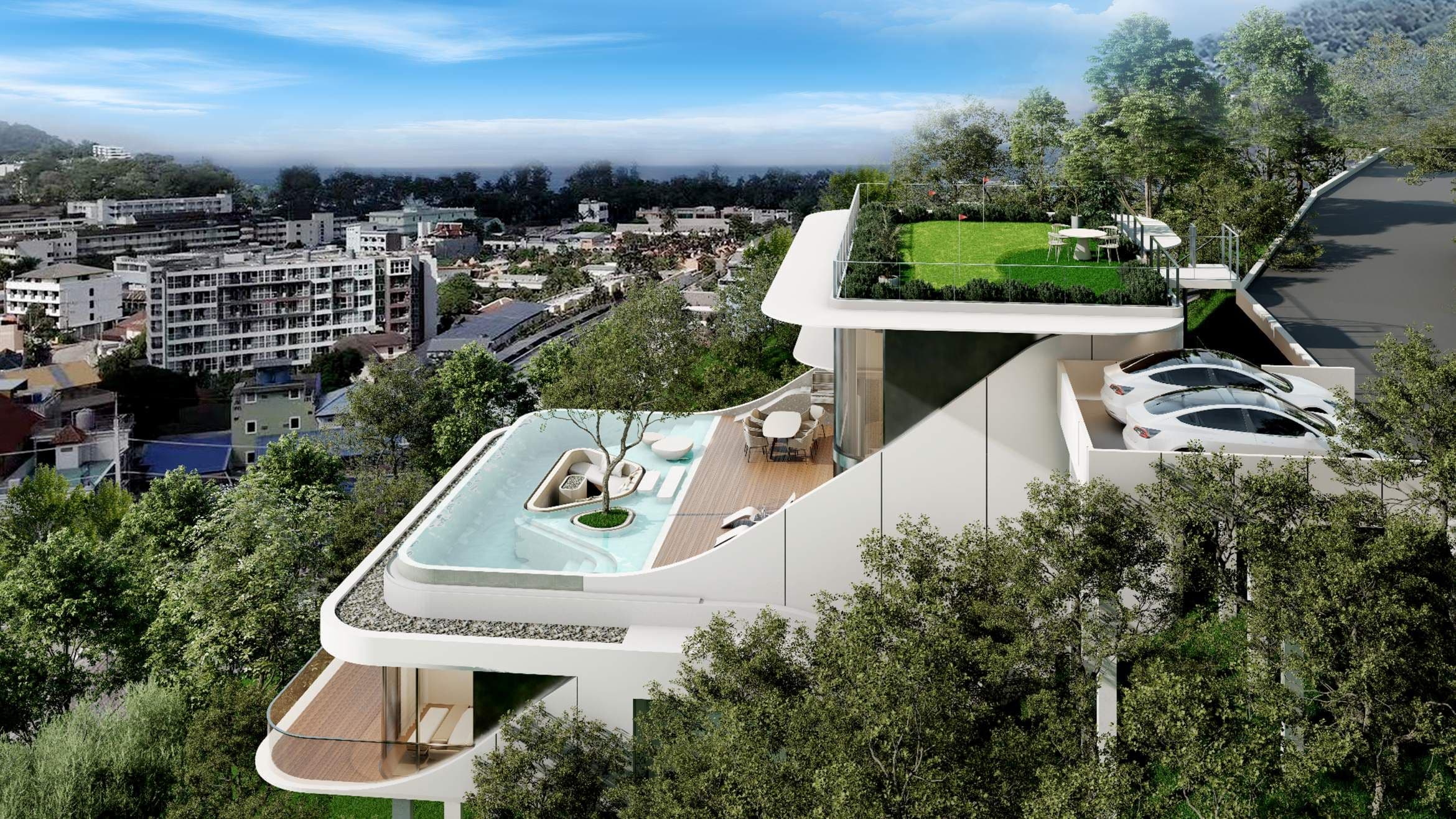 Villa pool deck and rooftop garden from above