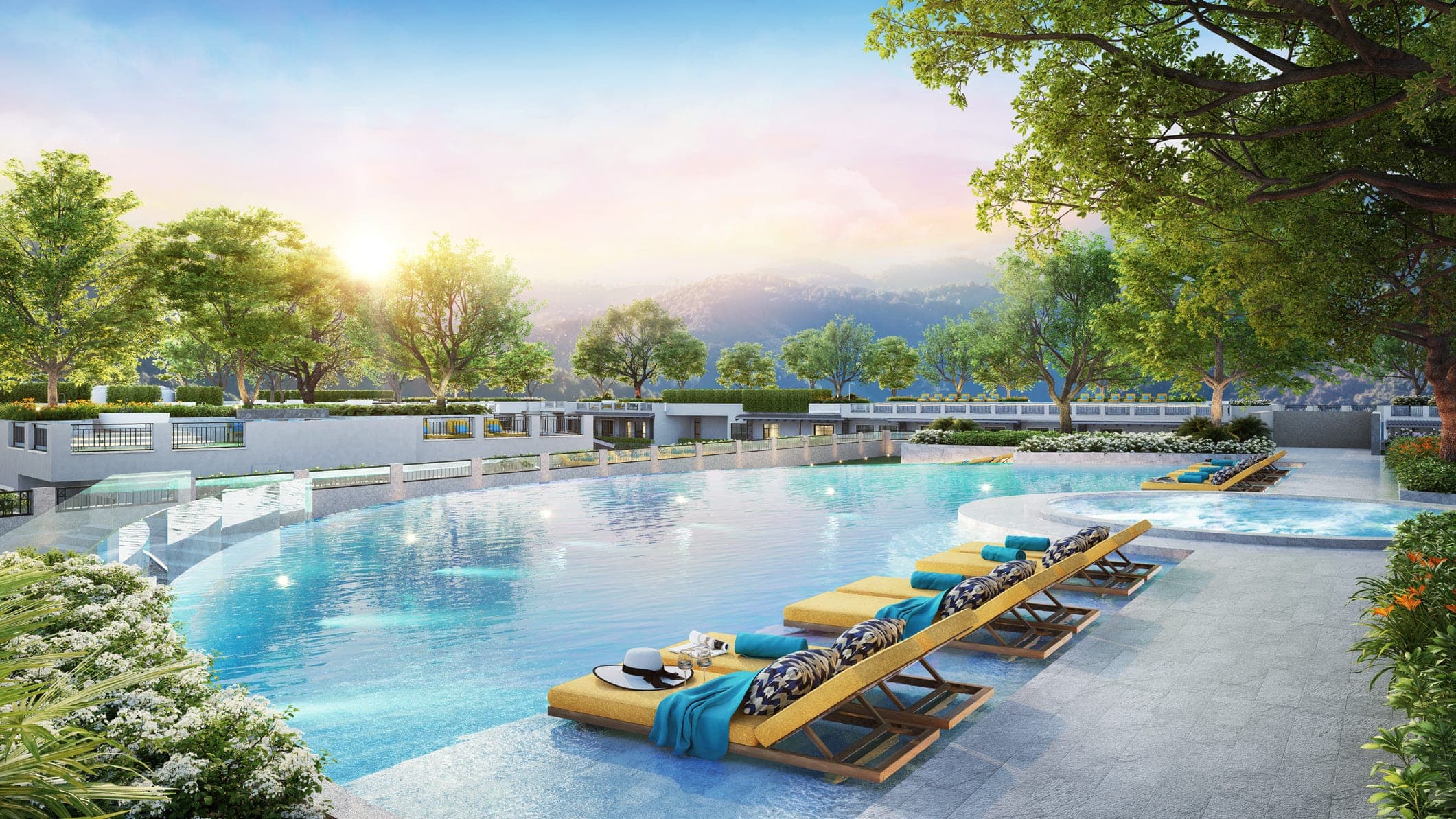 The Katabello daylight rooftop pool with yellow loungers