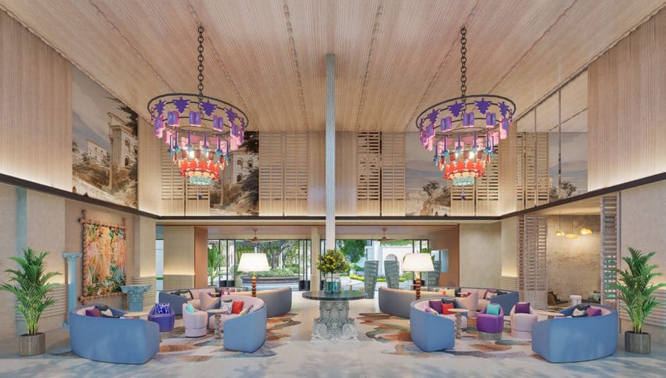 Main lobby with statement chandeliers