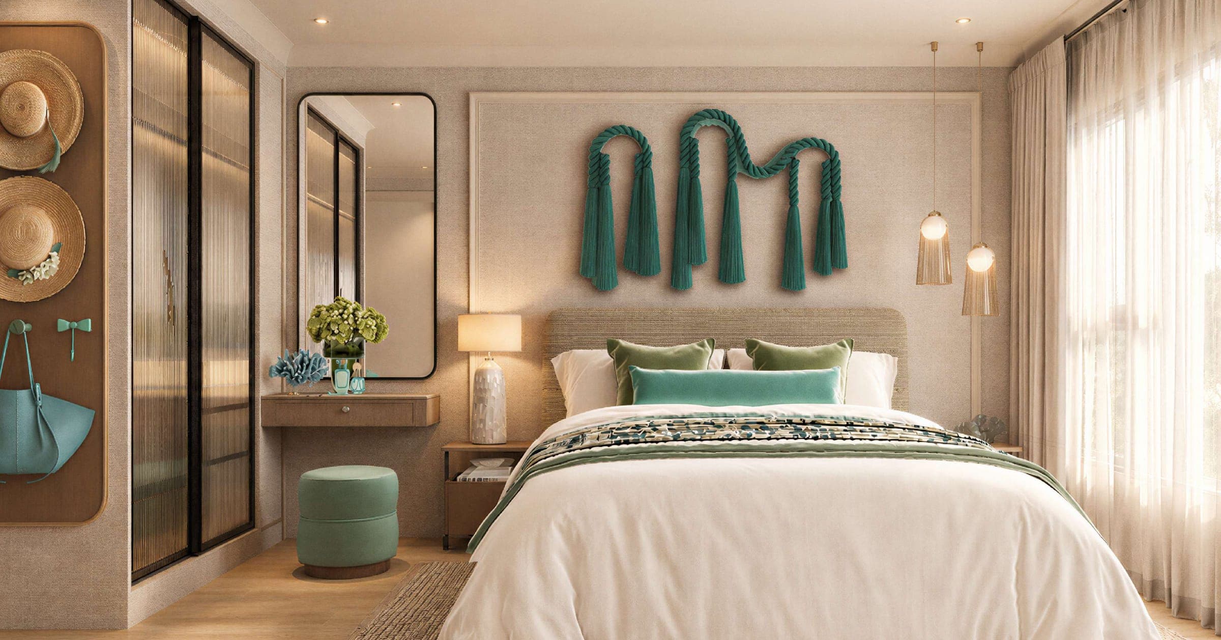 One-bedroom bedroom with woven wall art and built-in wardrobe