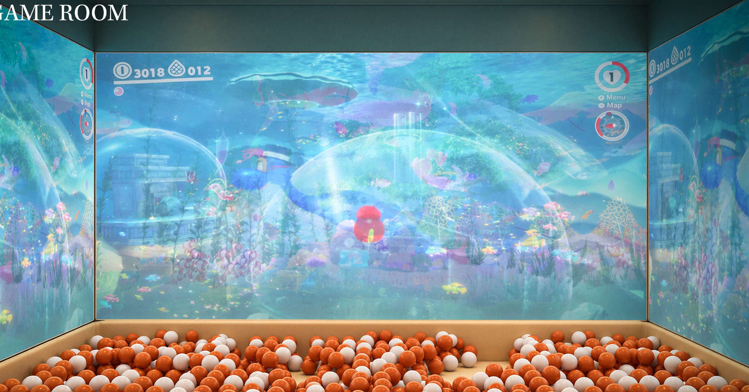 Interactive game room with projection walls