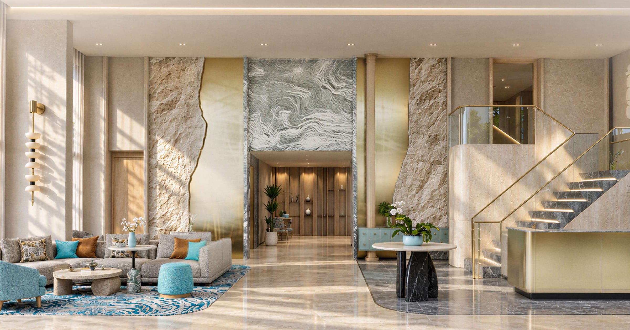 Double-height lobby lounge with marble feature walls