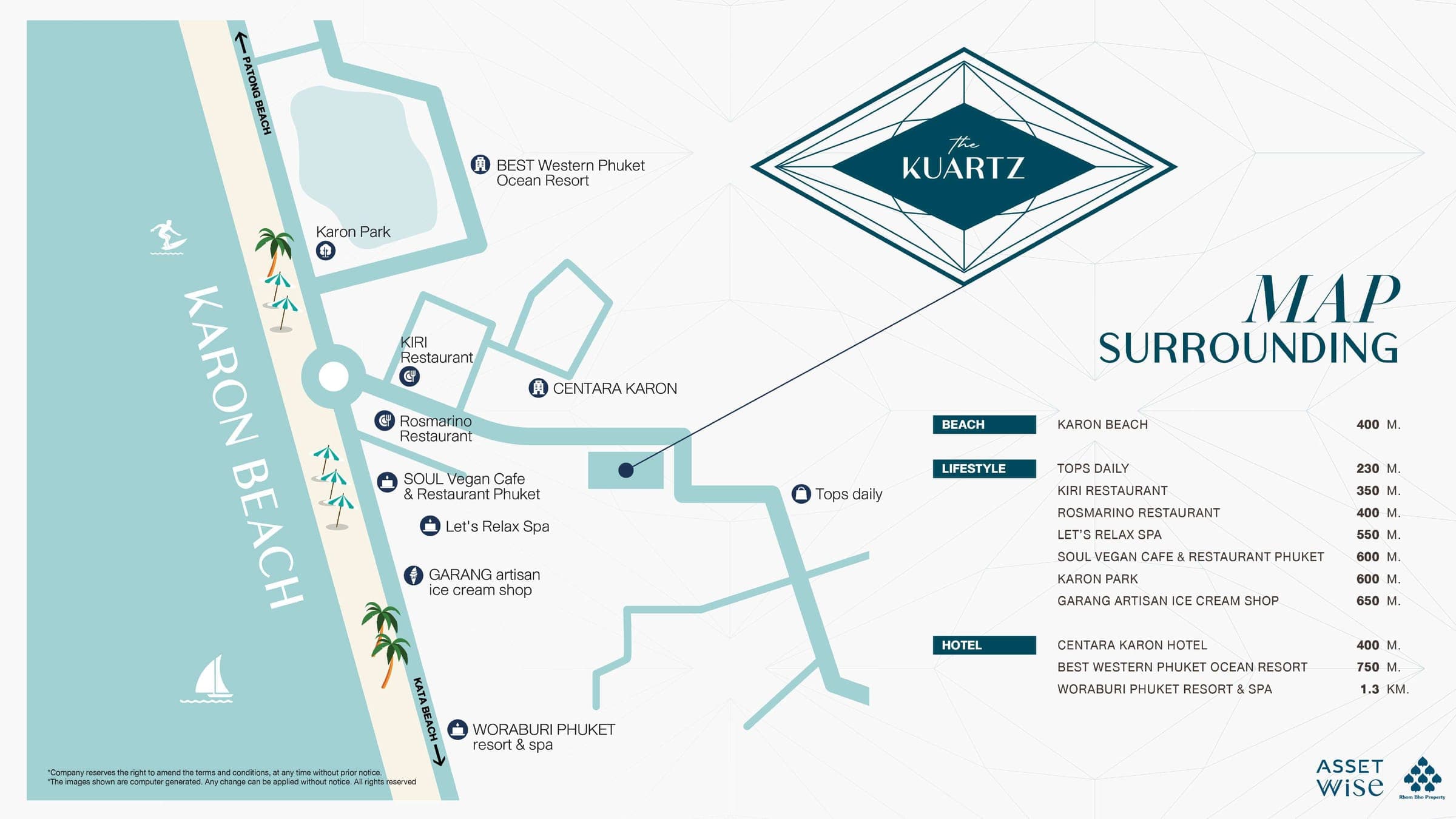 The Kuartz surrounding-area map showing Karon Beach, restaurants, hotels and Tops Daily