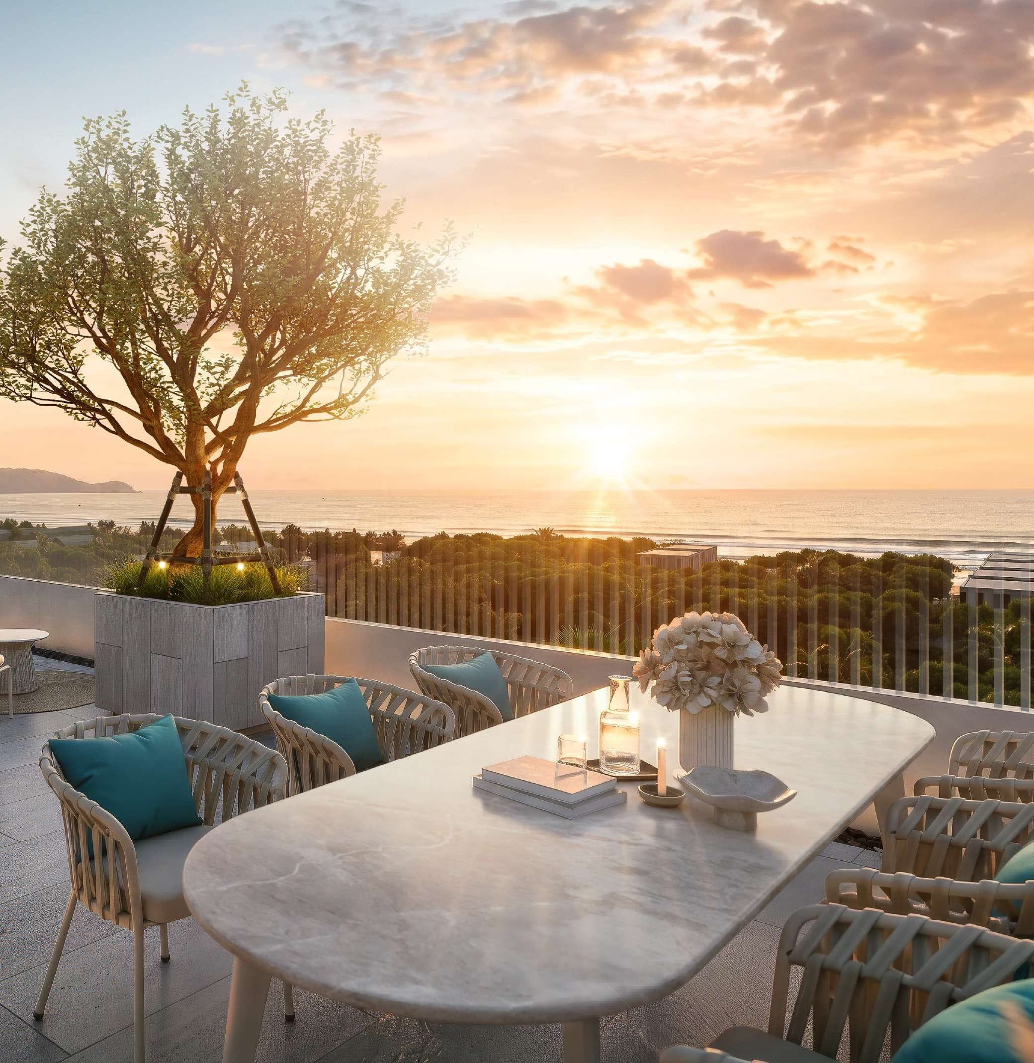 Rooftop dining table at sunset