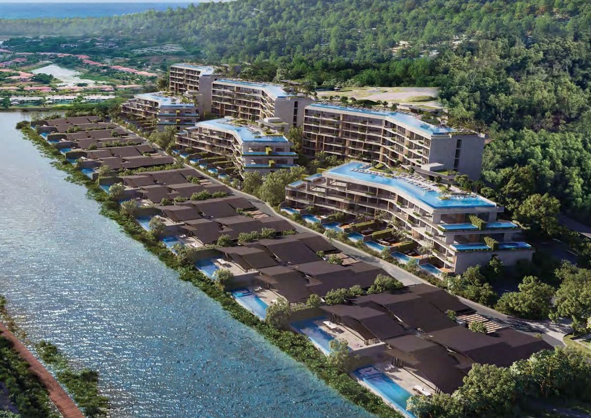 Aerial view of the Waterside Residences buildings beside the lake