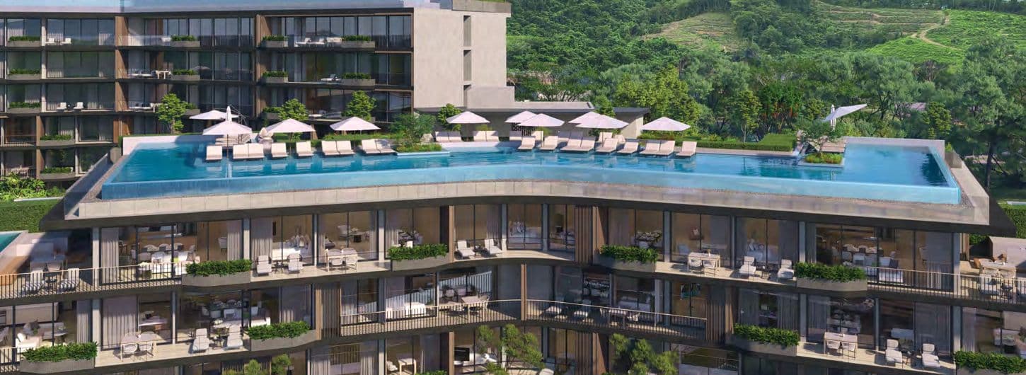 Rooftop pool terrace with parasols