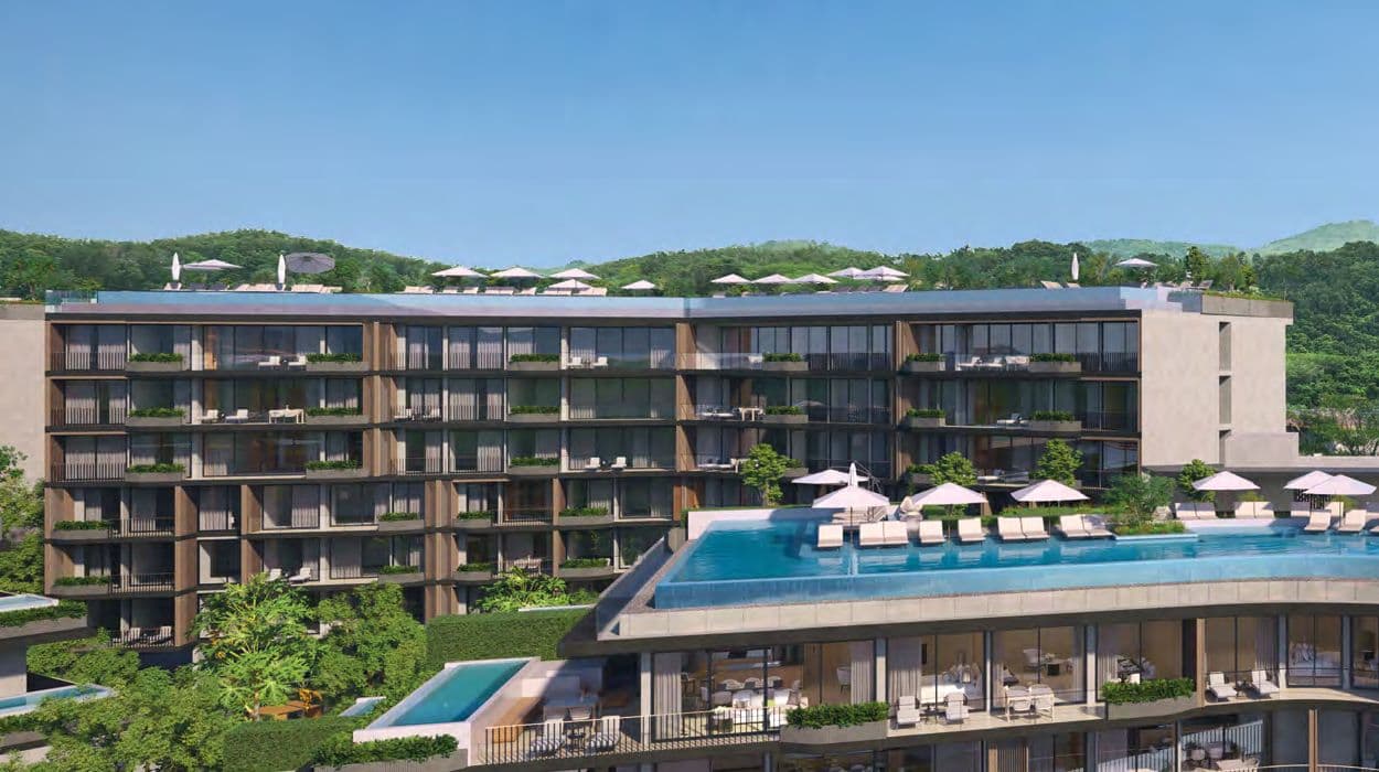 Seven-storey residences behind the rooftop pool