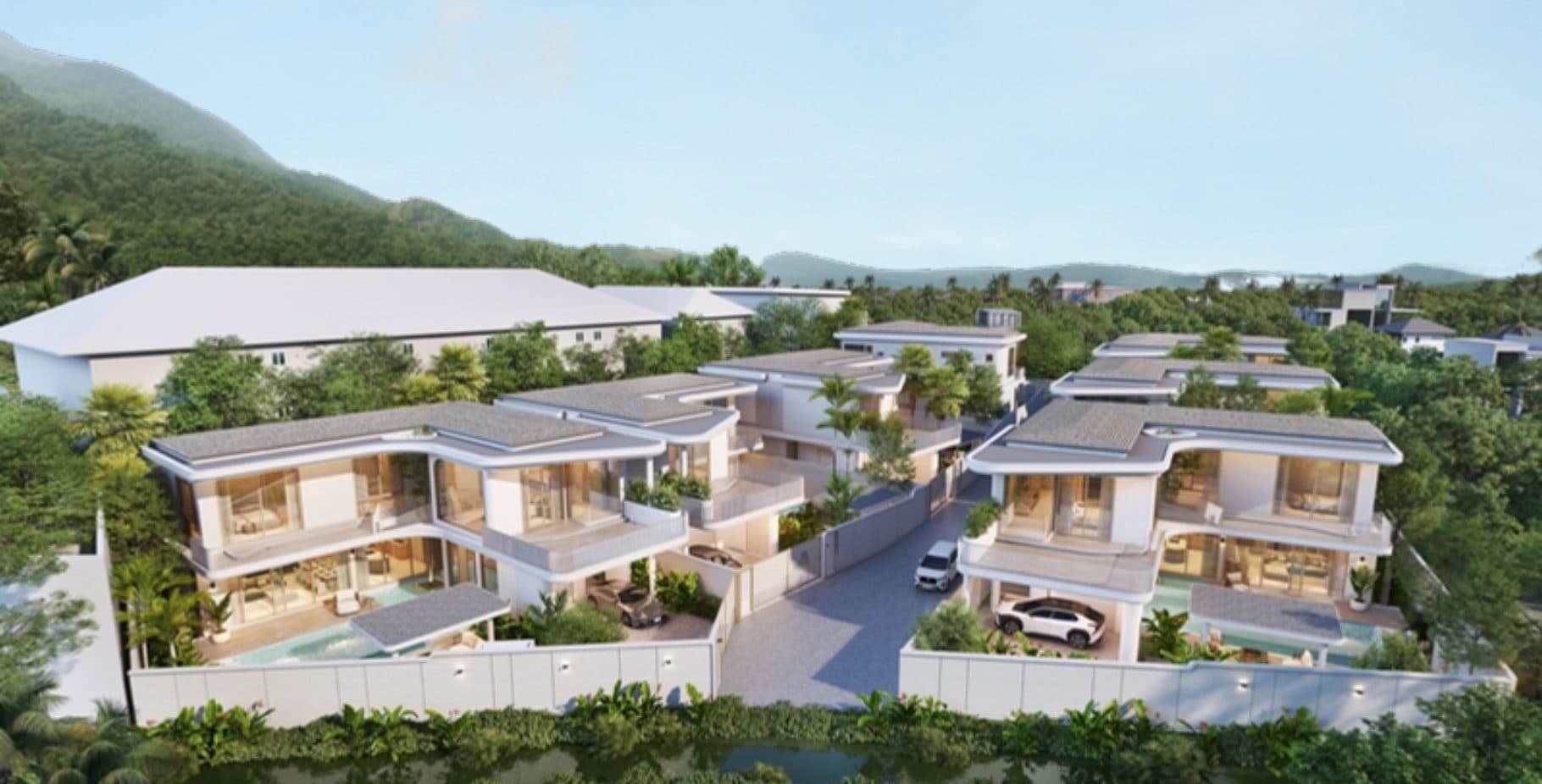 Aerial render of the Nature's Rest villas with private pools, set against green hills