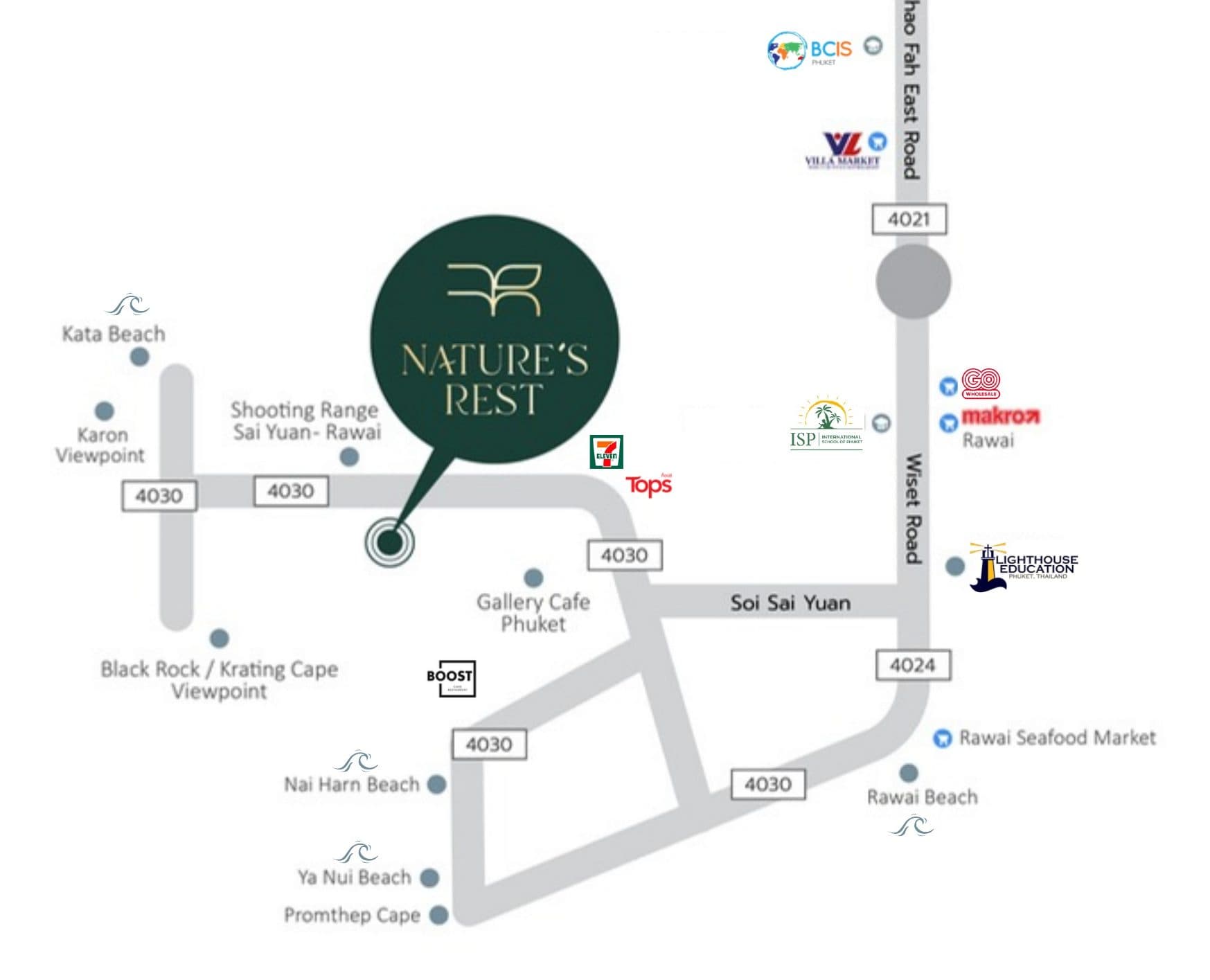 Nature's Rest location map on Soi Sai Yuan, Rawai, with nearby beaches, schools and shops