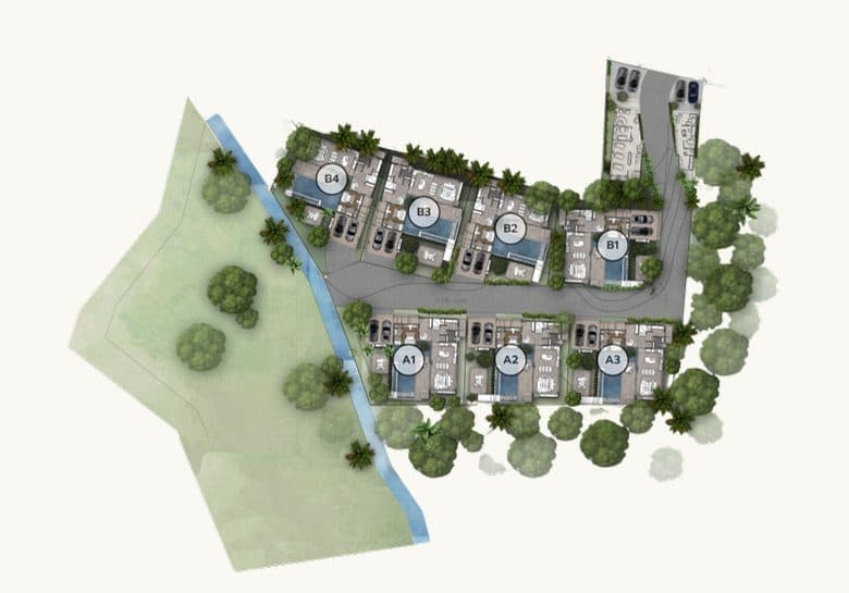 Nature's Rest master plan with villa plots A1–A3 and B1–B4 along the estate road