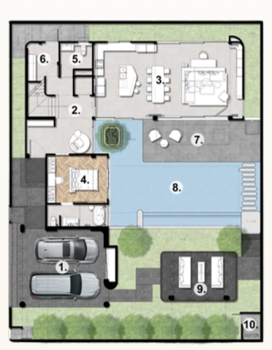 Type A ground floor plan: car port, hall, living and dining, guest bedroom, laundry, pool terrace, 53 sqm pool and sala