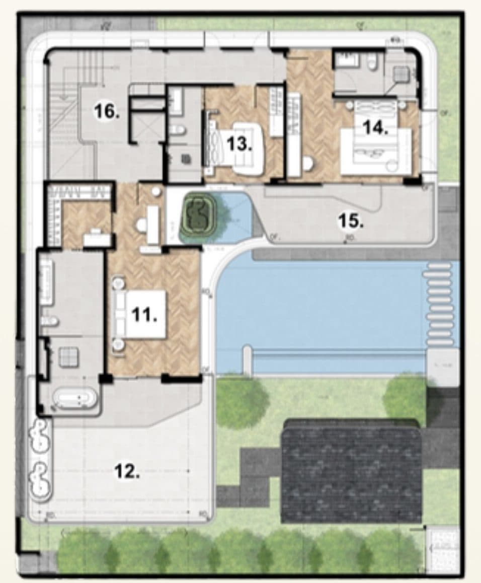 Type A upper floor plan: master bedroom, two bedrooms, two balconies and corridor