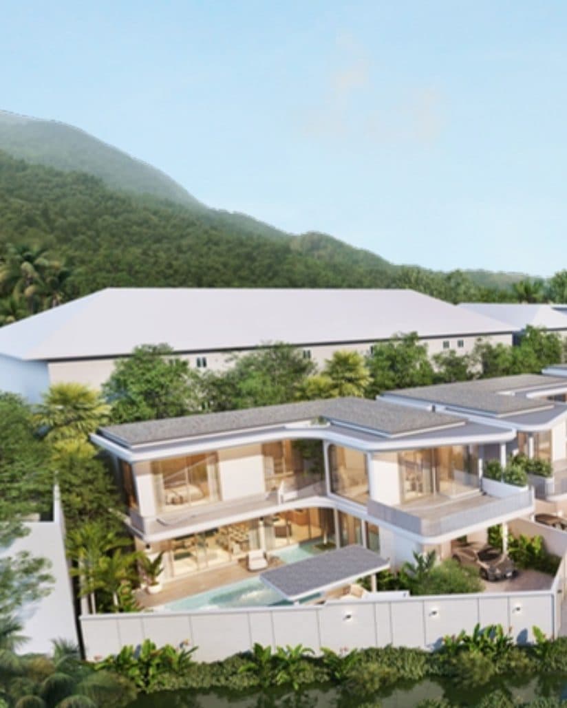 Two-storey pool villa below wooded hills