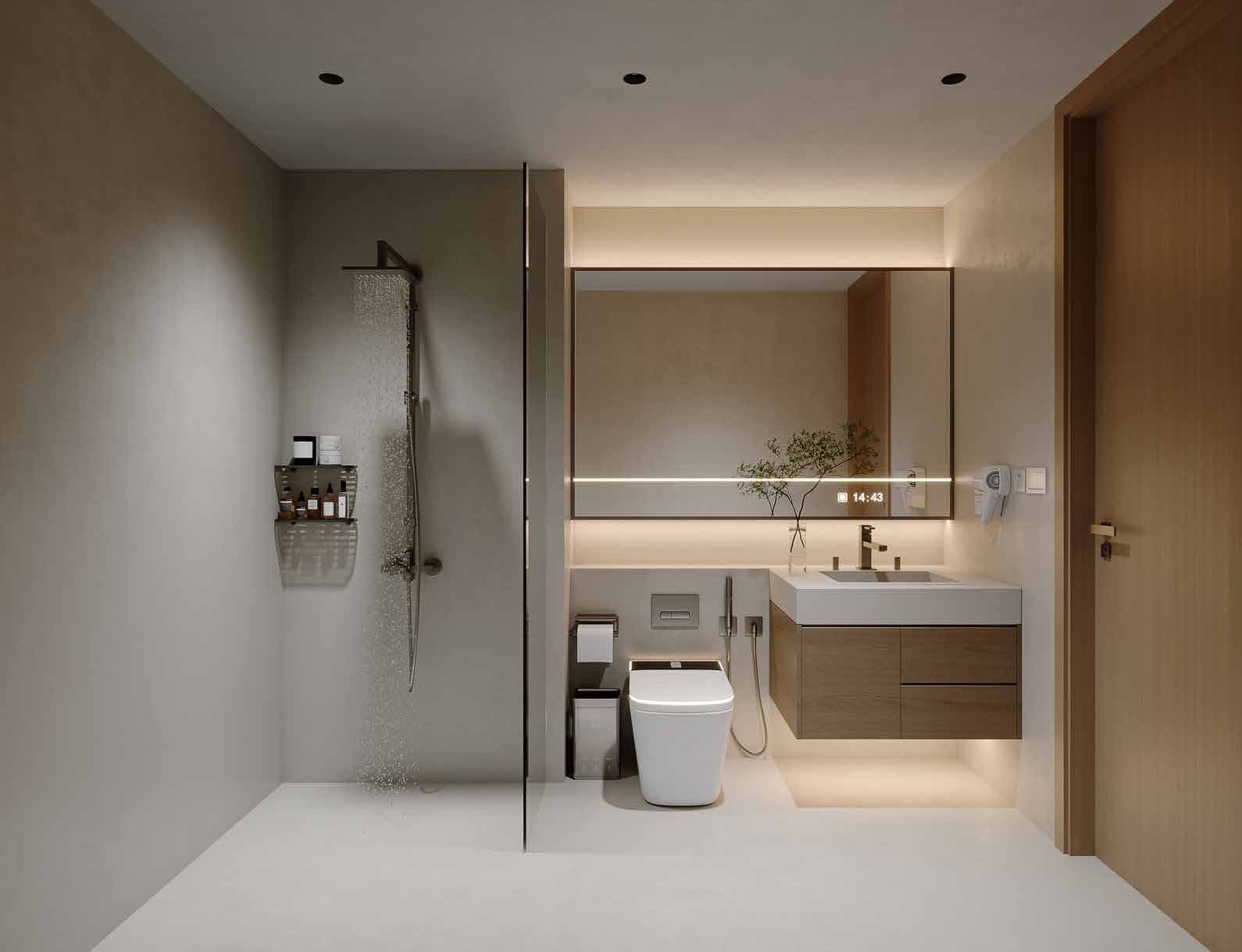 Bathroom with walk-in shower and smart toilet