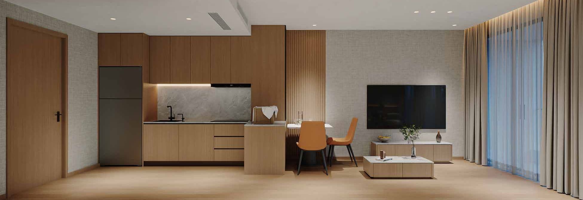 One-bedroom kitchen, dining counter and living area