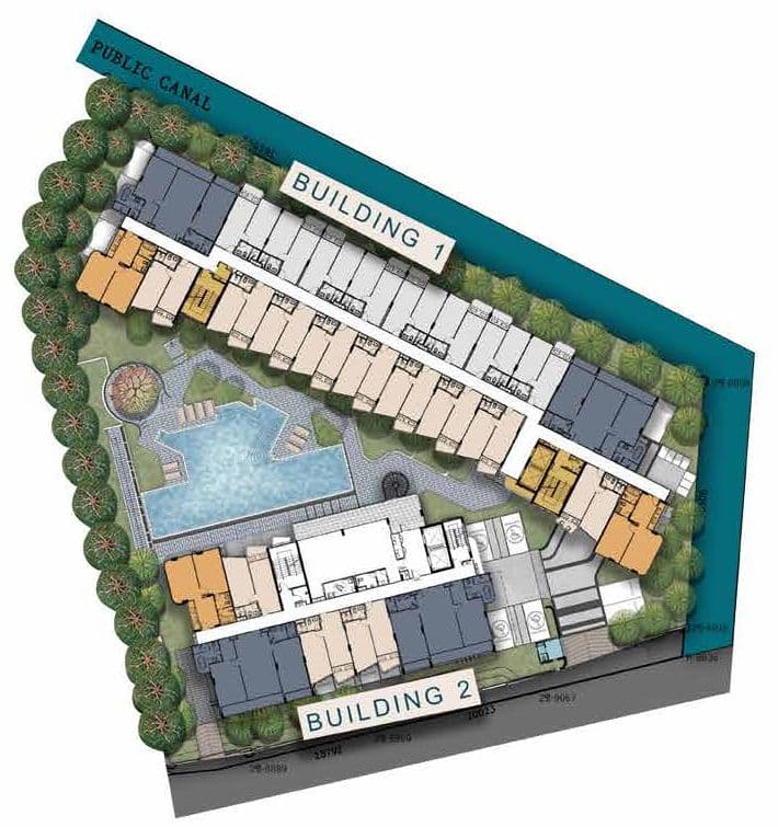Pirak Condominium master plan with Building 1 along the public canal, Building 2 and the central pool