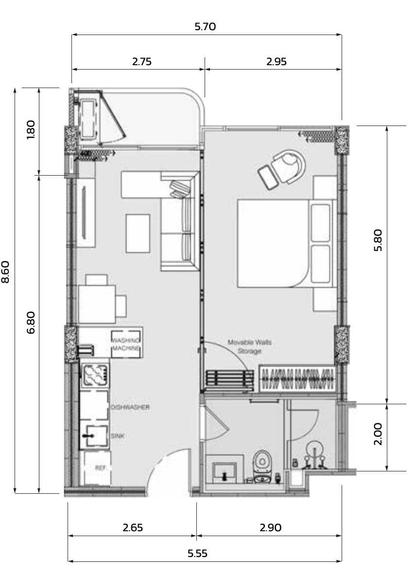 Pirak Condominium one-bedroom Type A plan, 5.70 × 8.60 m, with living, kitchen, bedroom and balcony