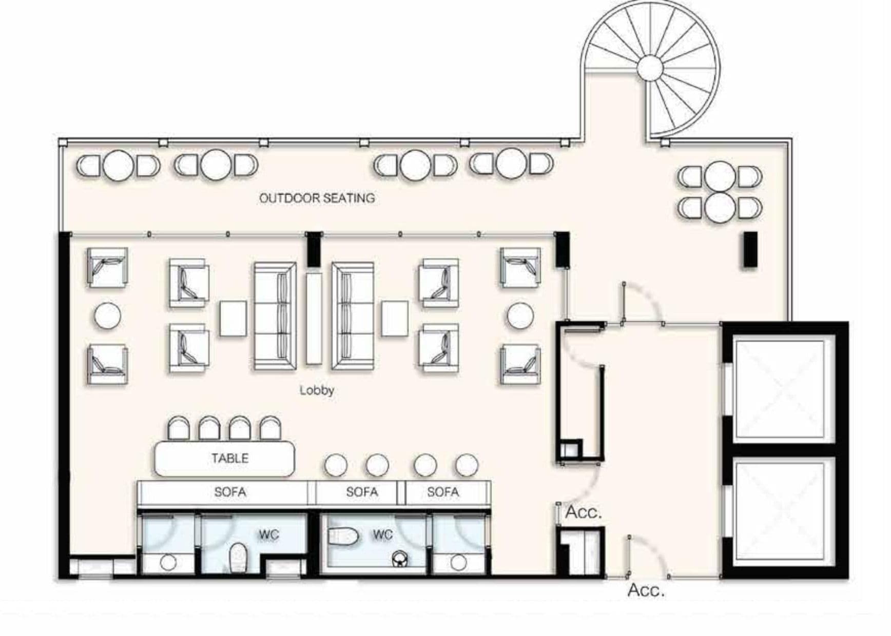 Building 2 main lobby and co-living area plan with lounge, shared table, outdoor seating and lifts