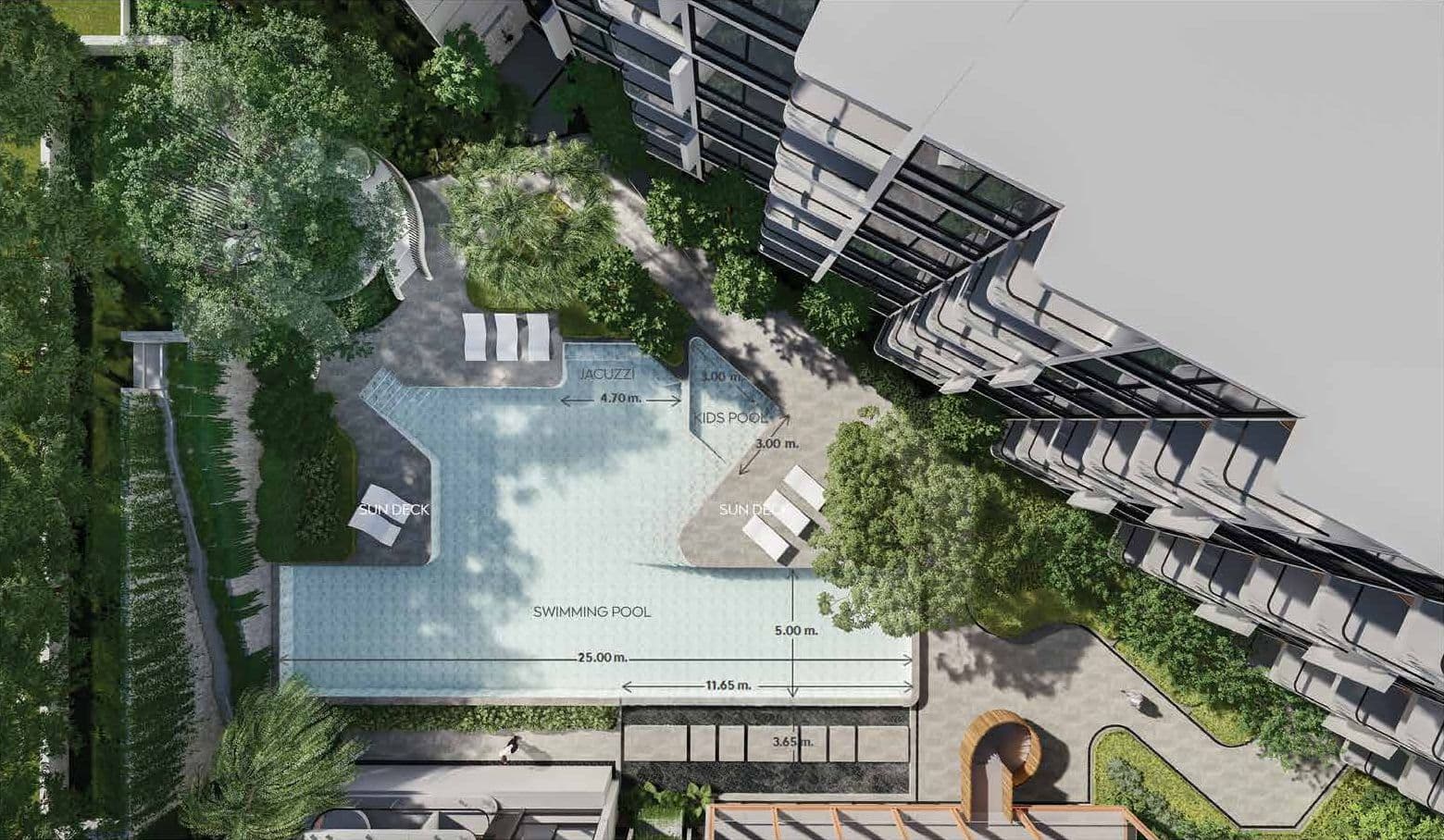Pool landscape from above with swimming pool, jacuzzi, kids' pool and sun decks