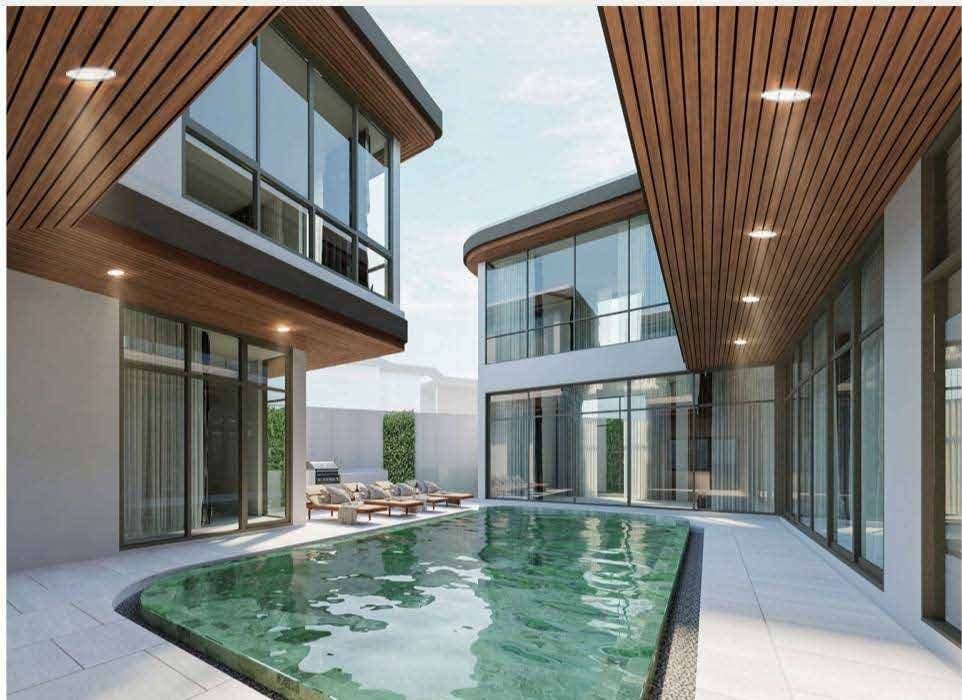 Courtyard pool beneath the timber-lined upper floor