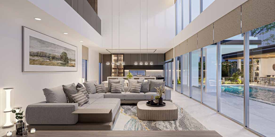 Living room with full-height glazing to the pool