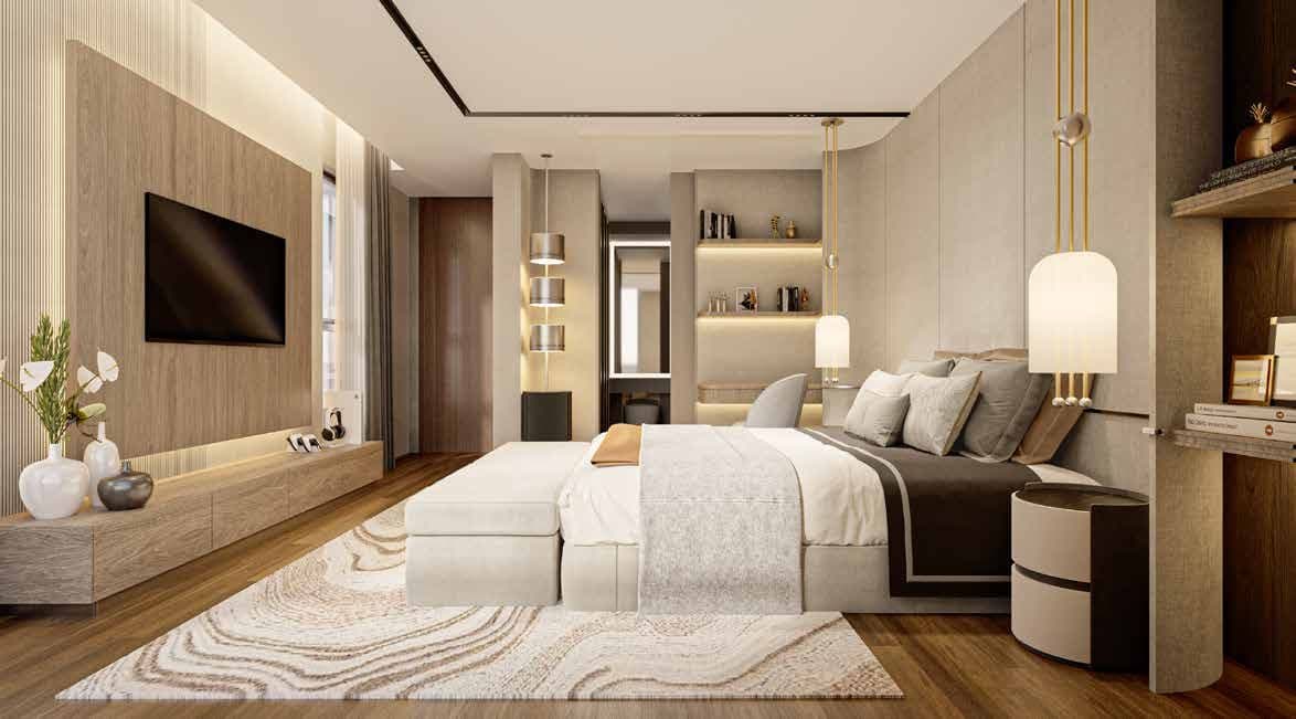 Master bedroom with timber wall panelling