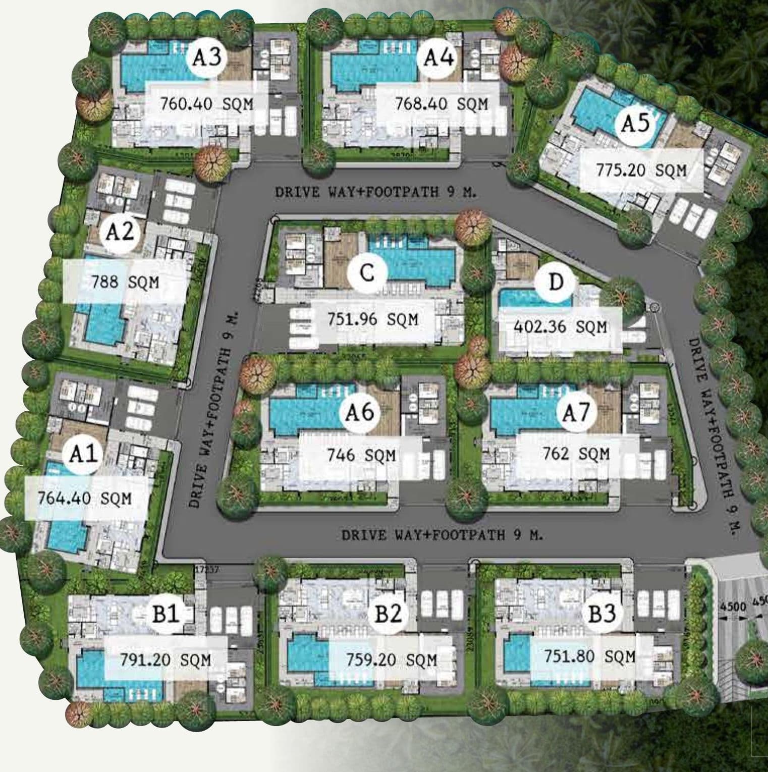 Pirak Villa master plan with 12 villa plots A1–A7, B1–B3, C and D around a 9 m driveway, with plot sizes