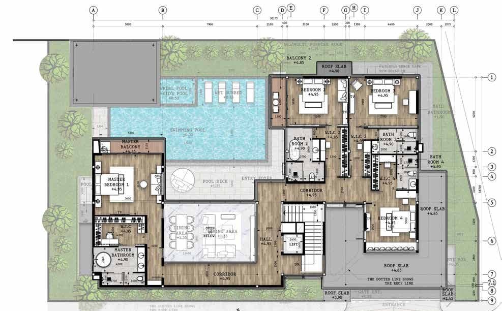 Pirak Villa Type A upper floor plan with master suite and three bedrooms