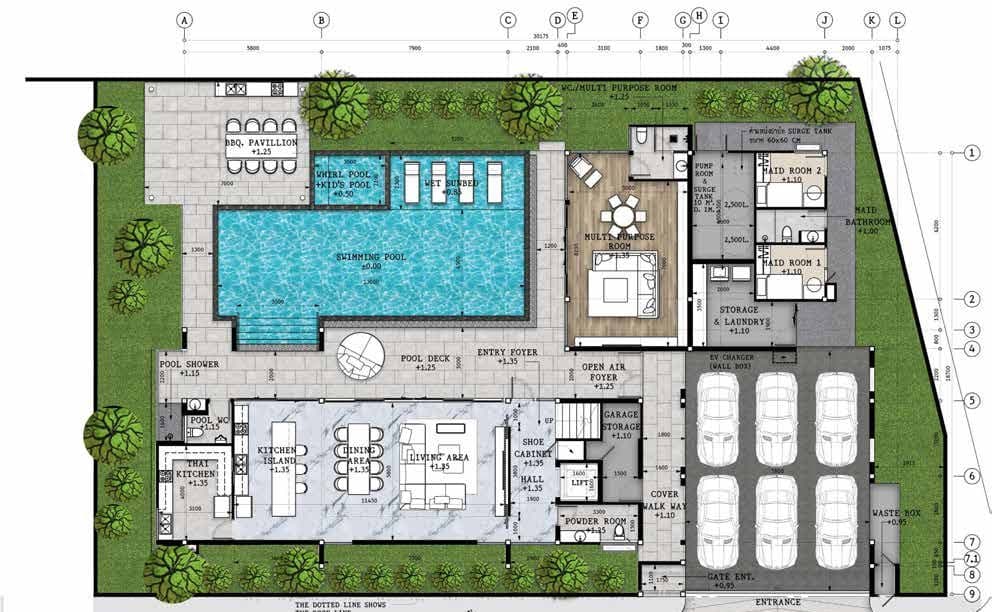 Pirak Villa Type A ground floor plan with pool, BBQ pavilion, living and dining area, Thai kitchen, maid's rooms and six-car garage