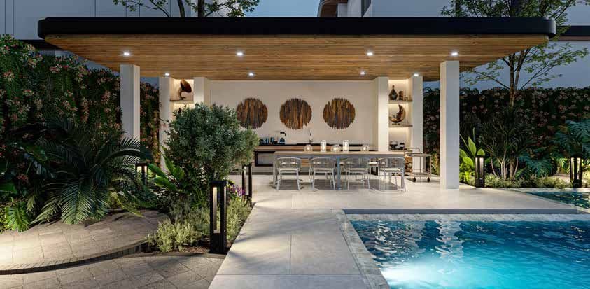 Covered poolside pavilion with dining table