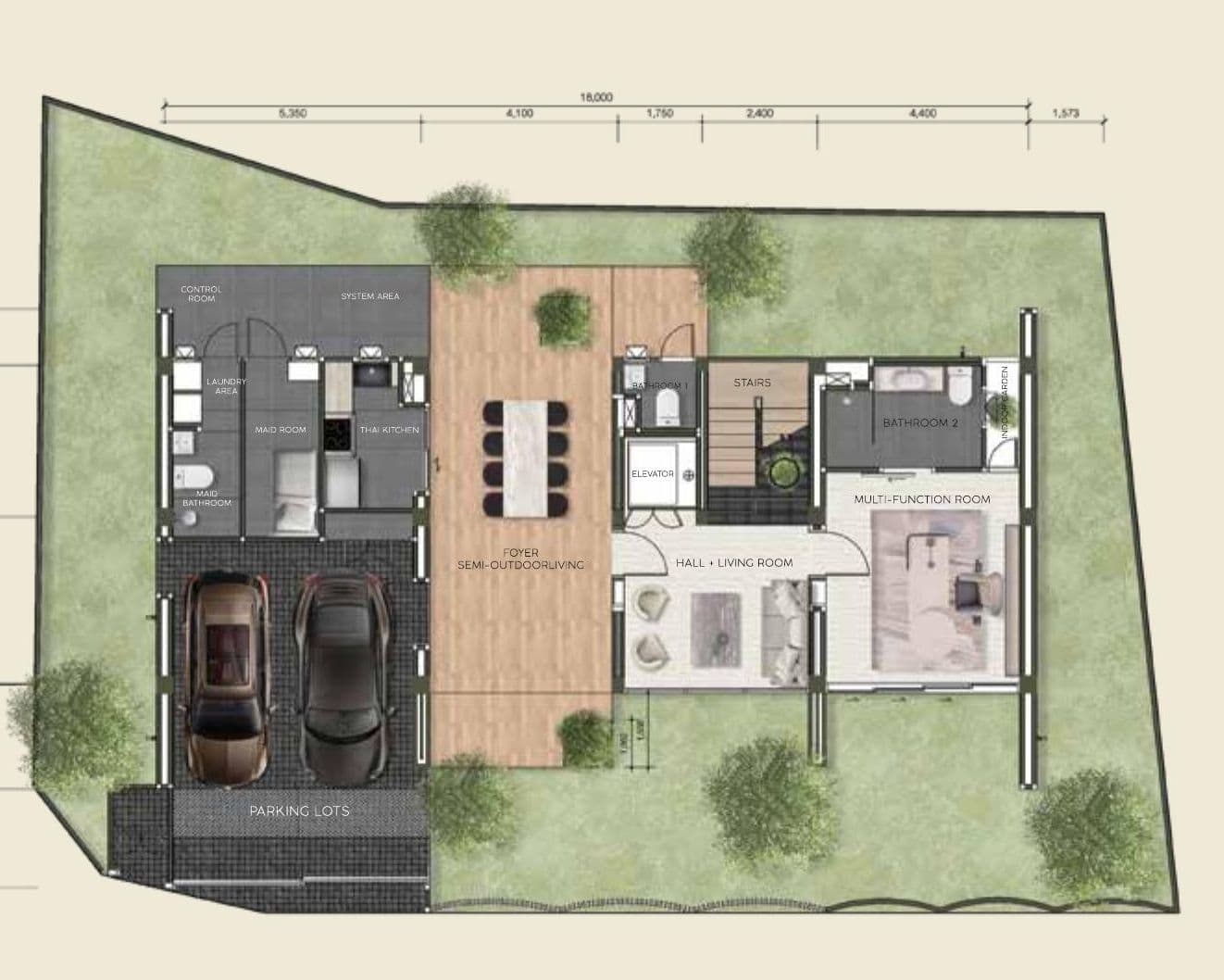 Type A1 1st floor plan with parking, semi-outdoor living, Thai kitchen, maid's room and multi-function room
