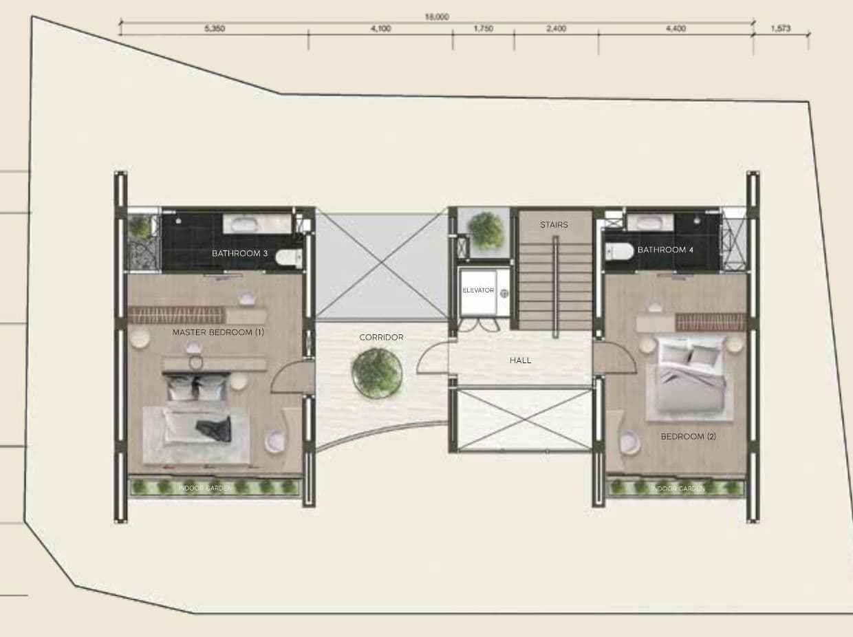 Type A1 2nd floor plan with master bedroom, second bedroom and two bathrooms