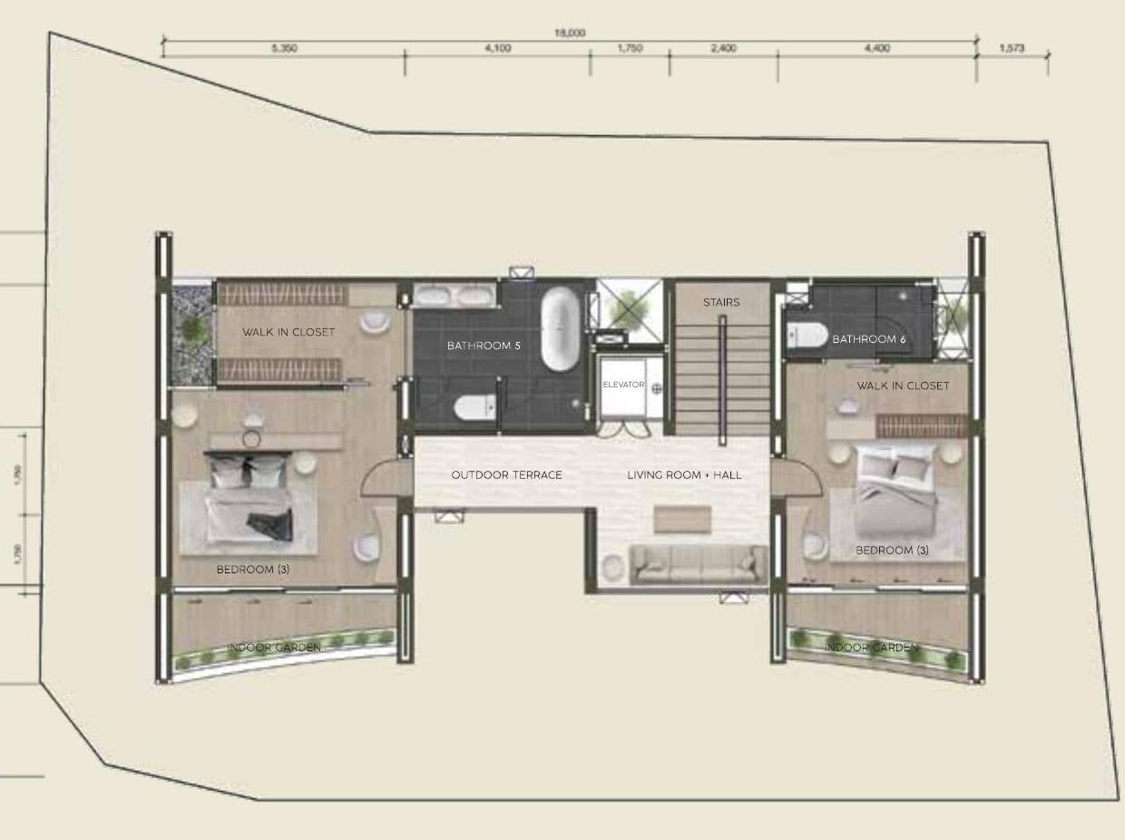 Type A1 3rd floor plan with two bedrooms with walk-in closets, two bathrooms and outdoor terrace
