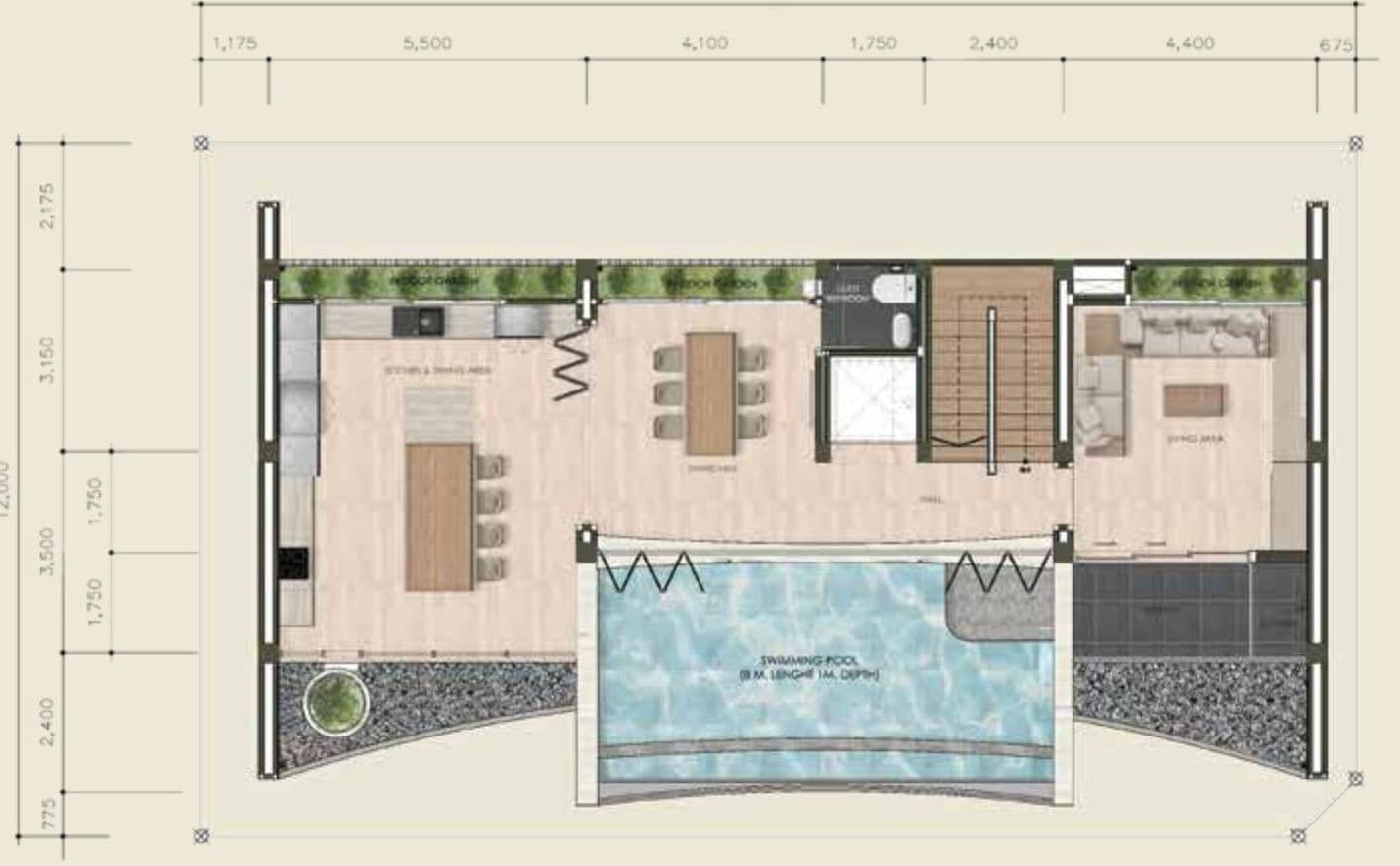 Prime Pano Type A1 4th floor plan with kitchen and dining area, living area, terrace and private swimming pool