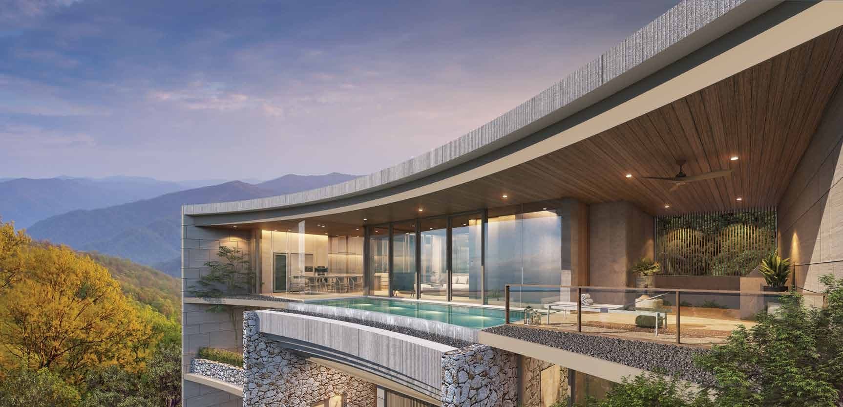 Prime Pano villa terrace and pool above the hills at dusk