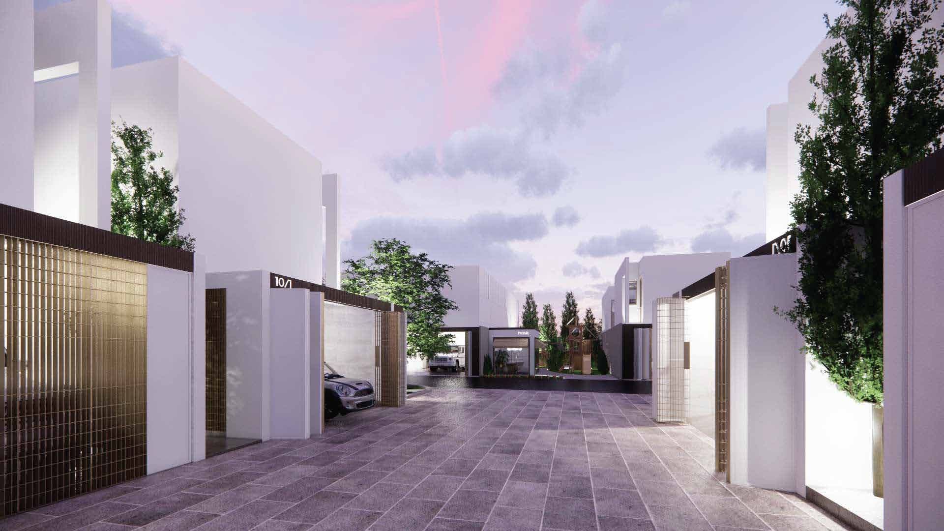 Prime Villas Srisoonthorn private lane lined with white villas and covered parking