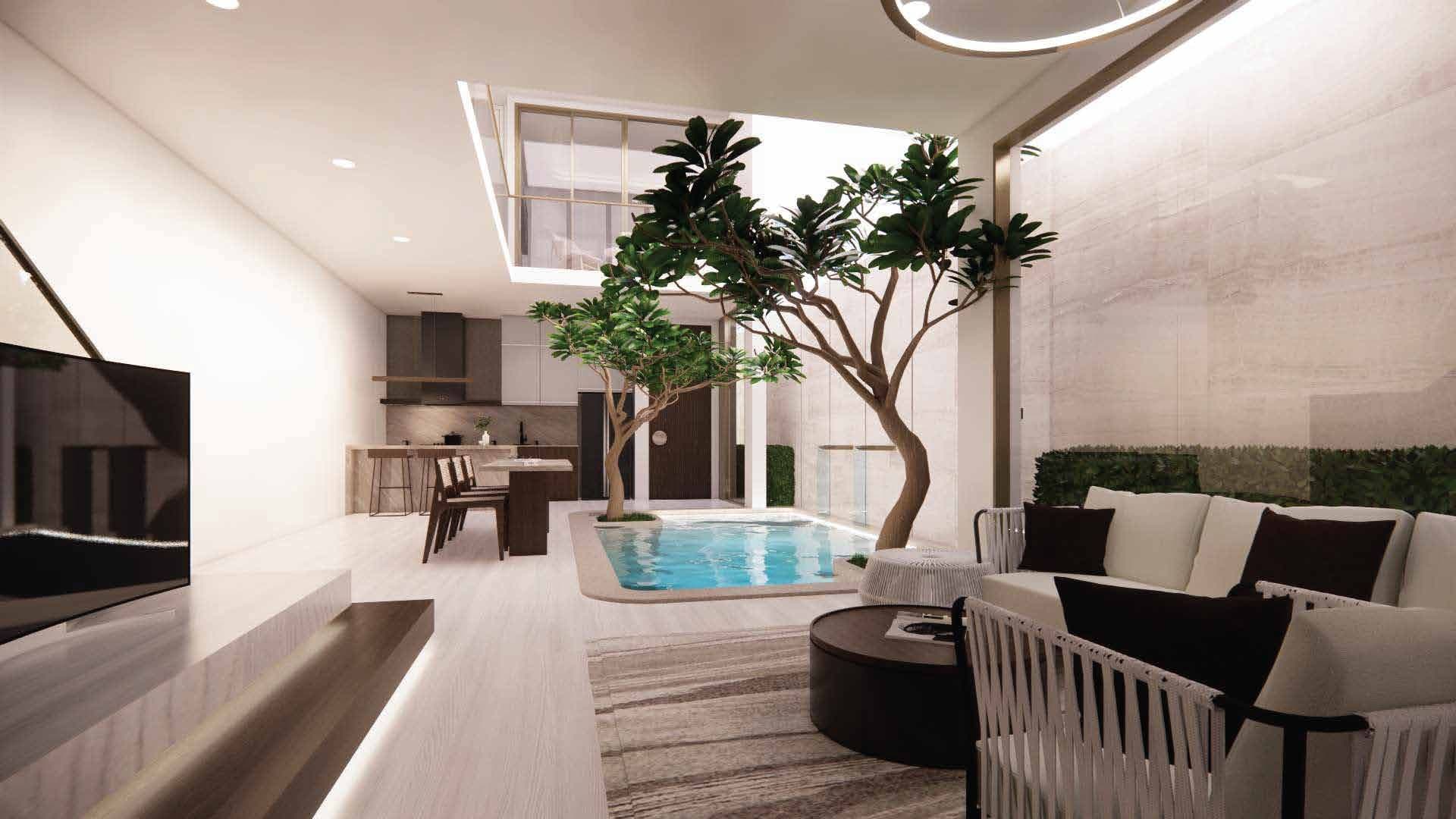 Living, pool and dining space