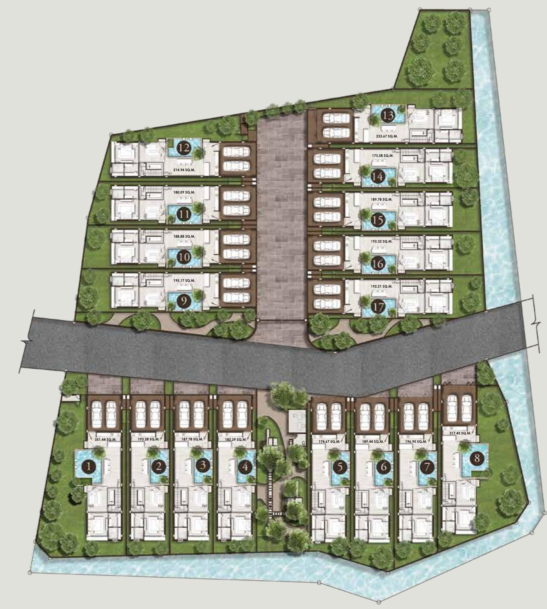 Prime Villas Srisoonthorn master plan showing 17 numbered villas either side of the access road, with gardens and a canal along the boundary