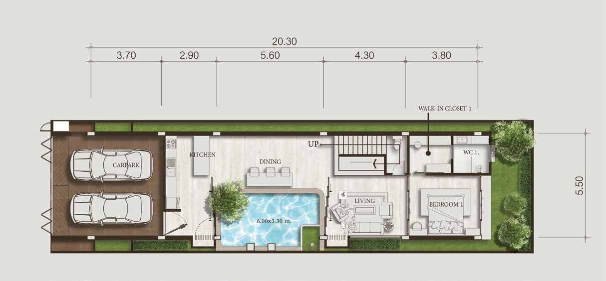 Prime Villas ground-floor plan with two-car parking, kitchen, living and dining around the courtyard pool, and bedroom 1