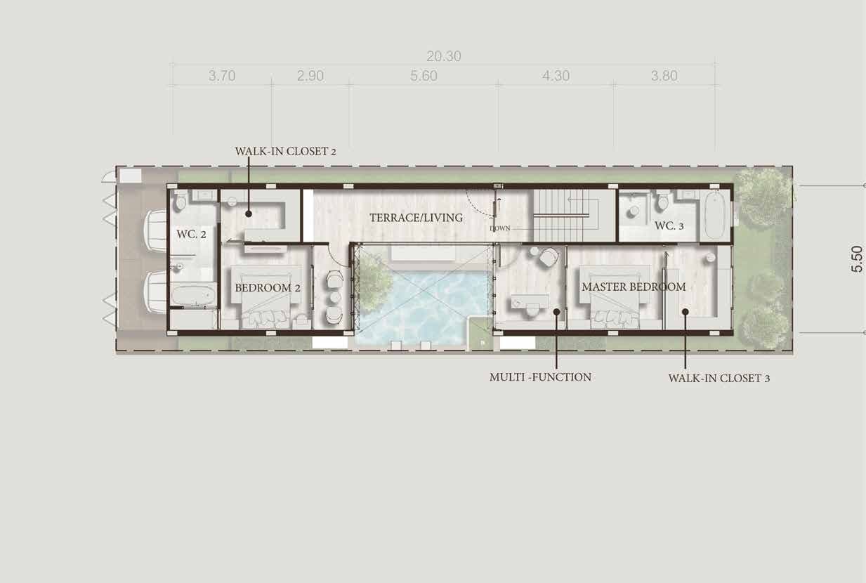 Villa 2nd floor plan with bedroom 2, terrace-living, multi-function room and master bedroom