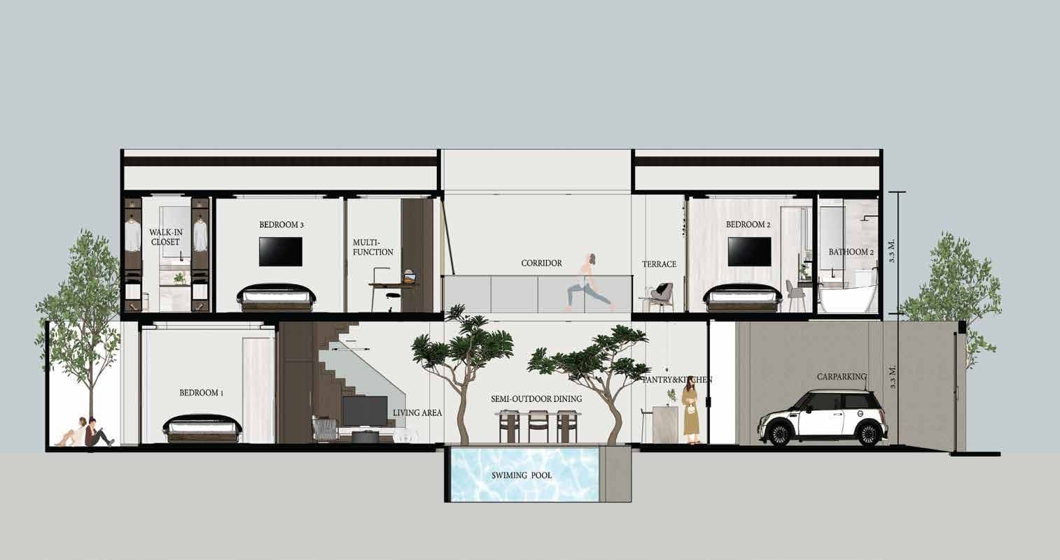 Villa section through both floors and the courtyard pool